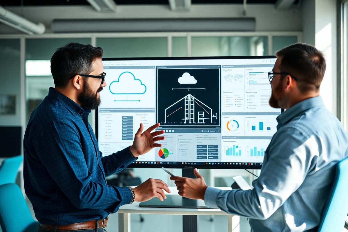 Two engineers planning a cloud migration on a large display