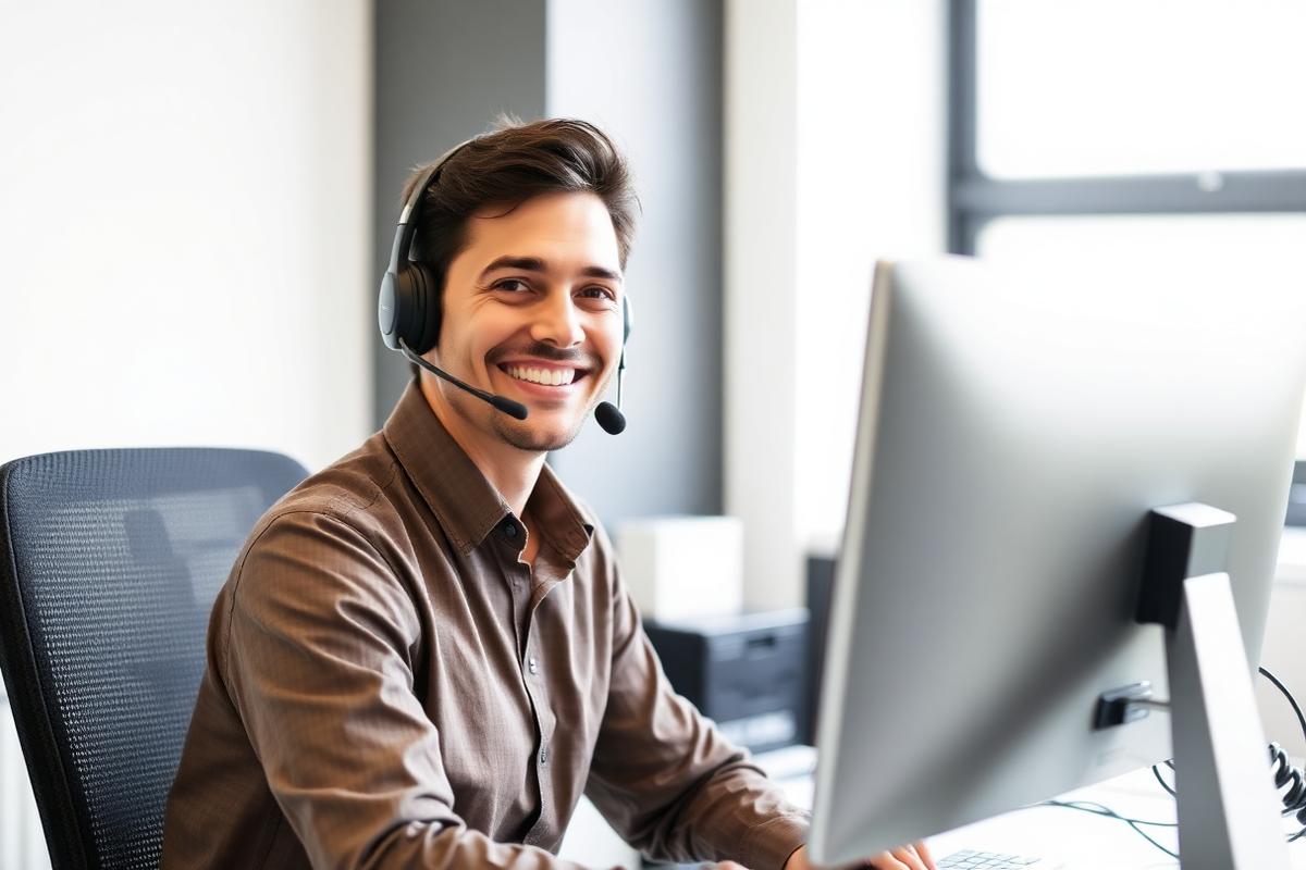 Support engineer at a workstation handling a client ticket